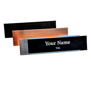 Document Solutions offers laser engraved desk name plates in four color options, and holders in three color options.