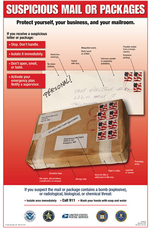 suspicious mail and packages poster